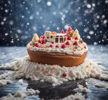 ai generiert Weihnachten Kuchen mit Sahne und Beeren auf ein dunkel Hintergrund mit fallen Schnee foto