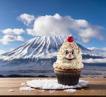 ai generiert Weihnachten Cupcake Maskottchen mit Schneemann auf oben von Berg Fuji Hintergrund foto