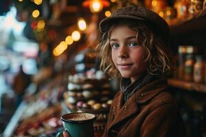 ai generiert im das Abend, ein Junge im warm Kleider mit ein Tasse von Kaffee auf ein beleuchtet Stadt Straße foto