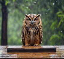 ai generiert Bubo Bubo Sitzung auf das hölzern Tabelle mit Regen Hintergrund foto