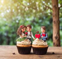 ai generiert Cupcakes mit Cupcake Mann und Frau im Liebe auf hölzern Tabelle foto