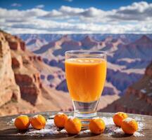 ai generiert ein Glas von Mandarine Saft auf das Hintergrund von das großartig Schlucht, Arizona, USA foto