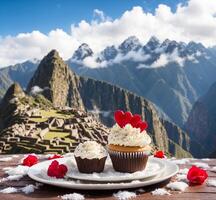 ai generiert Valentinstag Tag Cupcakes auf hölzern Tabelle mit Berg Hintergrund foto