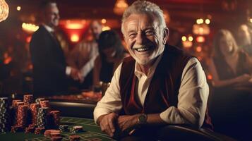 ai generiert ein Reich gut aussehend im Ruhestand Mann im ein Kasino foto