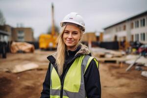 ai generiert ein Frau Ingenieur, Baumeister oder Architekt im ein Helm gegen das Hintergrund von ein Konstruktion Seite? ˅ foto