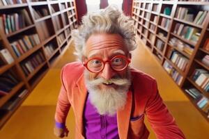 ai generiert Porträt von ein heiter, glücklich Alten Mann im farbig Kleider und Brille im das Bibliothek foto