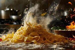ai generiert ein Nahansicht von das Prozess von Herstellung hausgemacht Pasta. ein Koch vorbereiten Italienisch Pasta foto