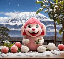 ai generiert süß Spielzeug Hund mit Litschi und mt. Fuji im das Hintergrund foto