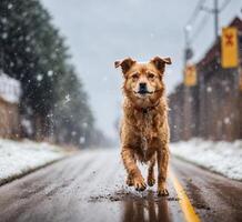 ai generiert rot Hund Laufen auf das Straße im ein schwer Schneefall im das Stadt foto