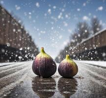 ai generiert zwei Feigen auf das Straße im das Regen. Winter Hintergrund. foto