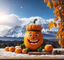 ai generiert Halloween Kürbis mit Berg Hintergrund, Halloween und glücklich Gesicht foto