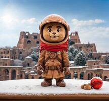 ai generiert Lego Astronaut im Vorderseite von Kolosseum im Rom, Italien foto