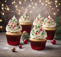 ai generiert Weihnachten Cupcakes auf hölzern Hintergrund mit Weihnachten Baum und Beleuchtung. foto