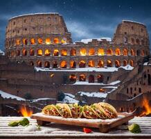ai generiert Kolosseum im Rom beim Nacht mit heiß Chili Pfeffer und Tacos foto
