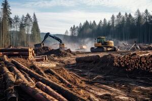 ai generiert frisch Schnitt Protokolle sind gestapelt im das Wald. Ernte von Holz im das Holzbearbeitung Industrie foto