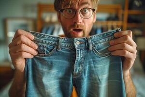 ai generiert das Mann hält oben ein Paar von Jeans im seine Hände im Überraschung. überrascht durch das Preis von das Hose foto