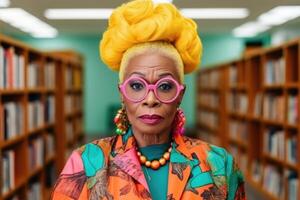 ai generiert Porträt von ein Alten afrikanisch Bibliothekar im farbig Kleider und Gläser, Stehen im das Universität Bibliothek und suchen beim das Kamera foto
