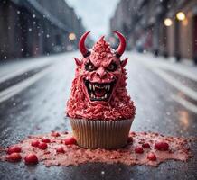 ai generiert Cupcake mit Teufel Gesicht auf das Straße. Halloween Konzept. foto