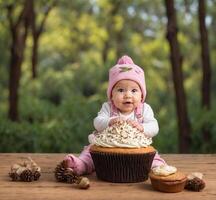 ai generiert süß Baby Mädchen mit Cupcake auf hölzern Tabelle im das Park foto