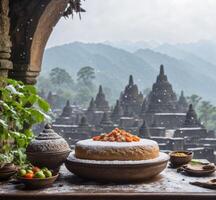 ai generiert Prambanan, traditionell indonesisch Süss Kuchen auf hölzern Tabelle foto