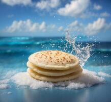 ai generiert Pfannkuchen mit Spritzen von Wasser auf ein Hintergrund von das Meer foto