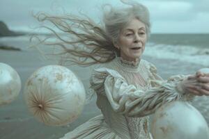 ai generiert komisch Bild mit Blase Idee aktiv und glücklich Senior Frau auf das Strand foto