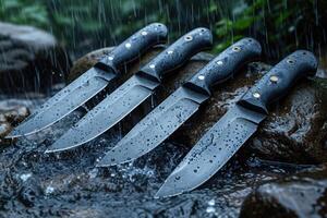 ai generiert schwarz Damaskus Stahl Messer auf ein hölzern Tafel im das Regen foto