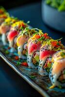 ai generiert ein Dutzend Verschmelzung Sushi Rollen serviert auf ein elegant Teller foto