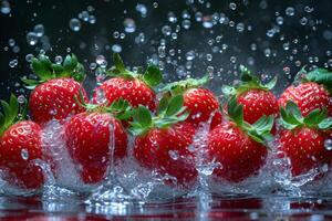 ai generiert saftig frisch Erdbeeren fallen in klar Wasser auf ein dunkel Hintergrund foto