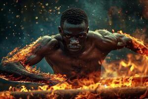ai generiert ein afrikanisch amerikanisch Laufen auf ein Laufband im Flammen foto