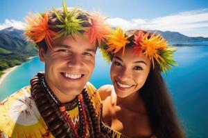 ai generiert Porträt von ein glücklich Mann und Frau im National Kostüme auf Ferien gegen das Hintergrund von Natur. Polynesien foto