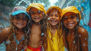 ai generiert vier heiter Kinder im hell Kleider sind haben Spaß Ausgaben ihr Sommer- Ferien draußen im das Regen foto