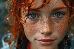 ai generiert Porträt von ein jung rothaarig Frau gegen das Hintergrund von ein regnerisch Straße. lange lockig rot Haar foto
