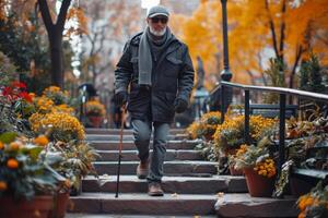 ai generiert ein Alten visuell beeinträchtigte Mann mit ein Stock Spaziergänge oben das Treppe im ein Herbst Park foto