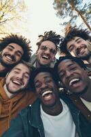 ai generiert ein wiederverwendbar jung Gruppe von glücklich Menschen nimmt ein Selfie Foto auf ein Kamera draußen