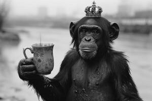 ai generiert Affe mit ein Krone auf seine Kopf und ein Glas von Tee im seine Pfote draußen foto