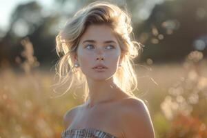 ai generiert Porträt von ein jung schön Mädchen mit blond Haar im Sommer- im ein Feld im das Sonnenlicht foto