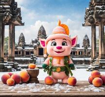 ai generiert süß Pfirsich Maskottchen Charakter Statue mit Schüssel von Pfirsiche und Hindu Tempel im Kathmandu, Nepal foto