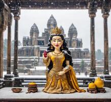 ai generiert Königin Statue im Vorderseite von Tempel, Kathmandu, Nepal foto