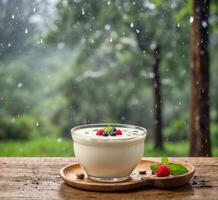 ai generiert Joghurt mit frisch Beeren auf hölzern Tabelle mit Regen Hintergrund. foto