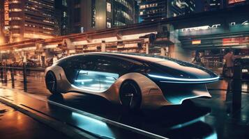 ai generiert ein futuristisch elektrisch Auto auf ein Stadt Straße. ein Konzept von das Zukunft foto