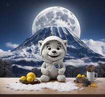 ai generiert Teddy Bär auf Tabelle mit voll Mond und voll Mond im Hintergrund foto