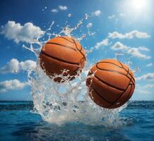 ai generiert Basketball im Wasser Spritzen auf Blau Himmel Hintergrund. Sport Konzept. foto