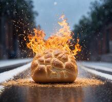 ai generiert Brot Verbrennung im Feuer auf das Hintergrund von das Straße und das Straße foto