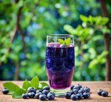 ai generiert Blaubeere Smoothie im ein Glas auf ein hölzern Tabelle im Garten foto