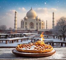 ai generiert traditionell Belgier Waffeln mit Zucker Pulver auf ein hölzern Teller auf das Hintergrund von das taj Mahal foto