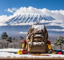 ai generiert Rucksack und Schule liefert auf das Hintergrund von montieren Fuji, Japan foto