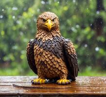 ai generiert Adler Statue auf ein hölzern Tabelle mit Regen Tropfen im das Hintergrund foto
