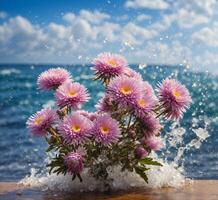 ai generiert Rosa Aster Blumen Strauß mit spritzt von Wasser auf das Hintergrund von das Meer foto