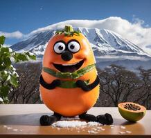 ai generiert komisch Orange Mann gemacht von Papaya und Mango mit Vulkan auf Hintergrund foto